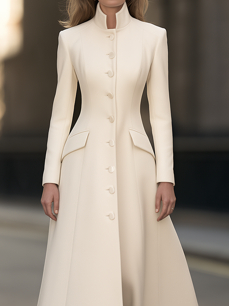 Stand Collar Long Sleeve Single-Breasted Fit And Flare Maxi Coat With Flap Pockets