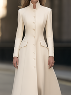 Stand Collar Long Sleeve Single-Breasted Fit And Flare Maxi Coat With Flap Pockets