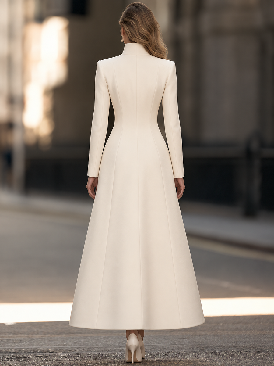 Stand Collar Long Sleeve Single-Breasted Fit And Flare Maxi Coat With Flap Pockets