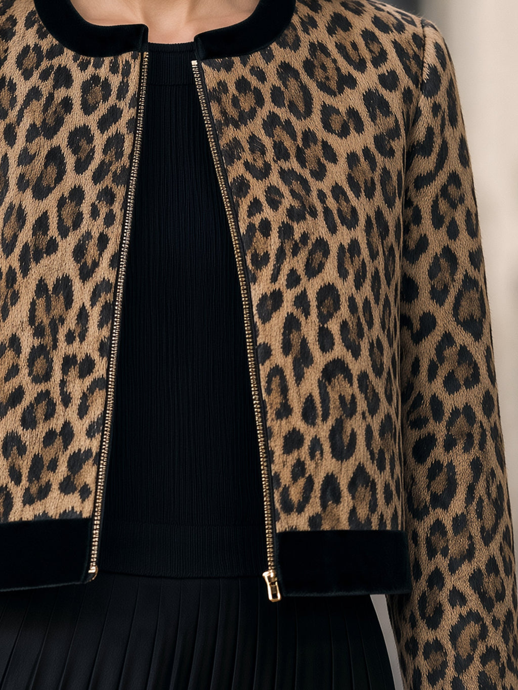 Velvet Trim Leopard Print Zip Jacket