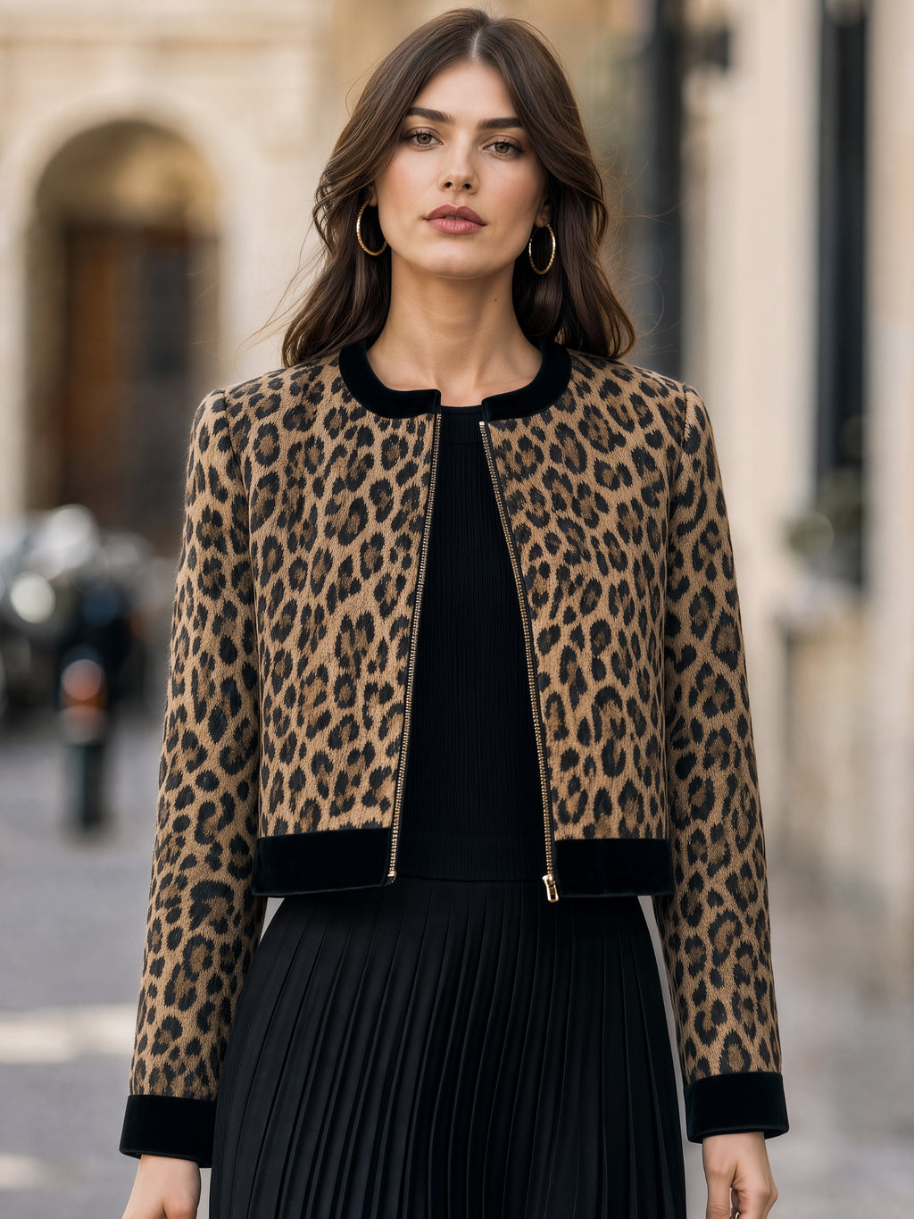 Velvet Trim Leopard Print Zip Jacket
