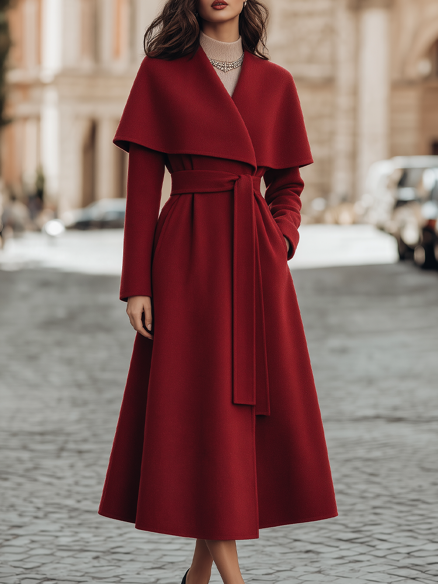 Wool Draped Cape-Collar Belted Wrap Fit-and-Flare Maxi Coat