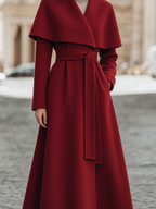 Wool Draped Cape-Collar Belted Wrap Fit-and-Flare Maxi Coat