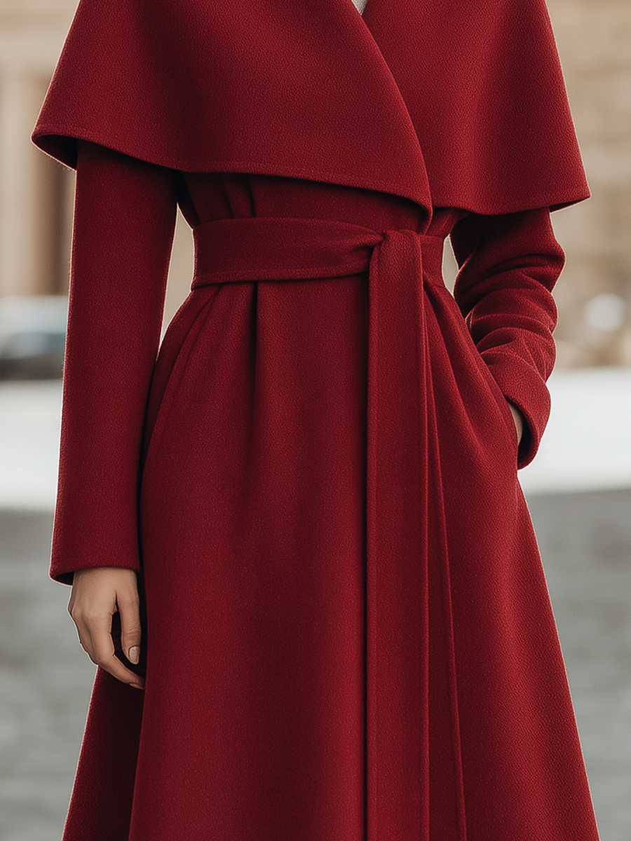 Wool Draped Cape-Collar Belted Wrap Fit-and-Flare Maxi Coat