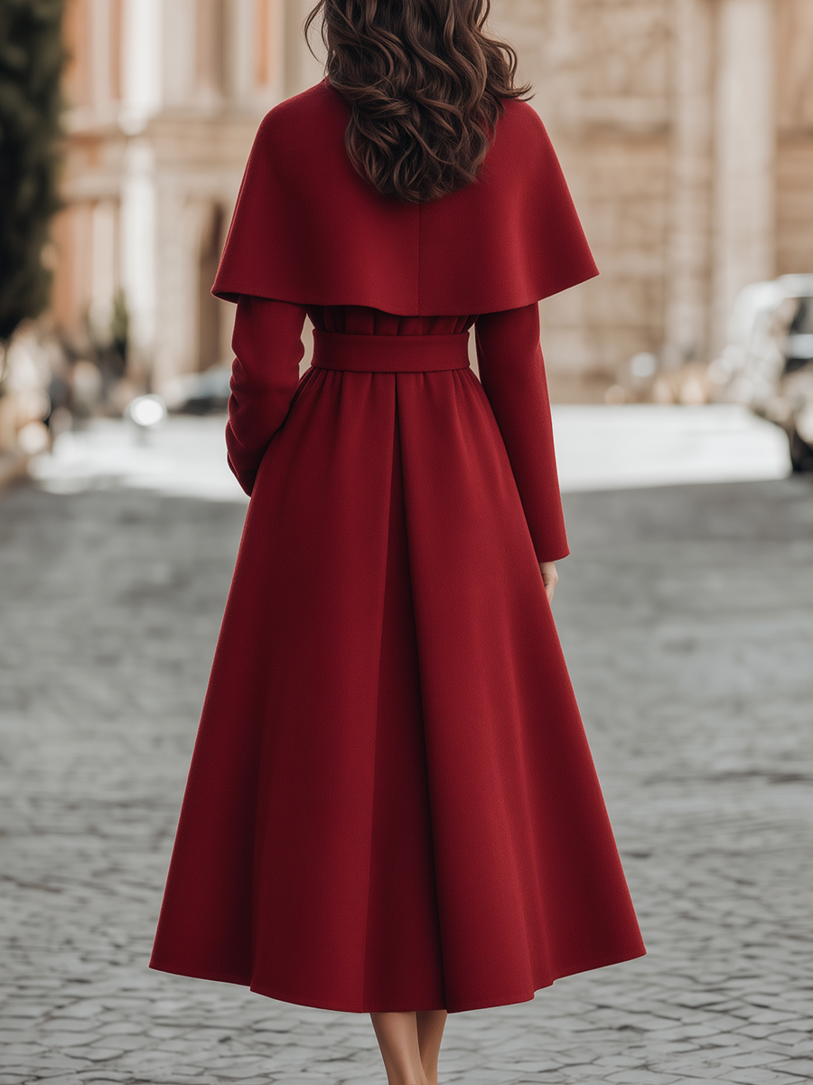 Wool Draped Cape-Collar Belted Wrap Fit-and-Flare Maxi Coat