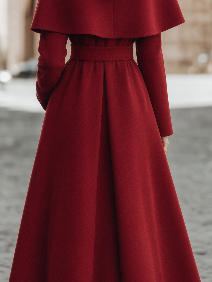 Wool Draped Cape-Collar Belted Wrap Fit-and-Flare Maxi Coat