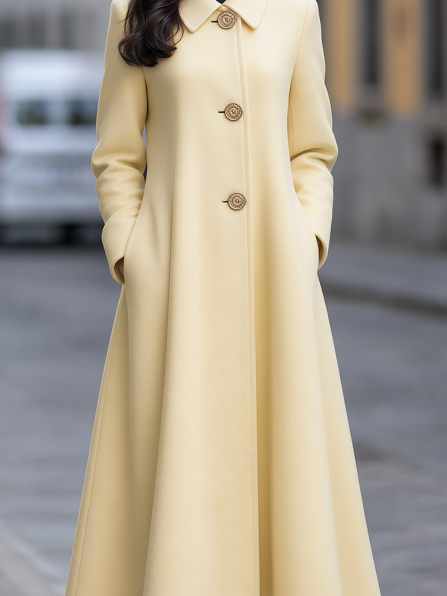 Wool Peter Pan Collar Engraved Button A-Line Flared Maxi Coat