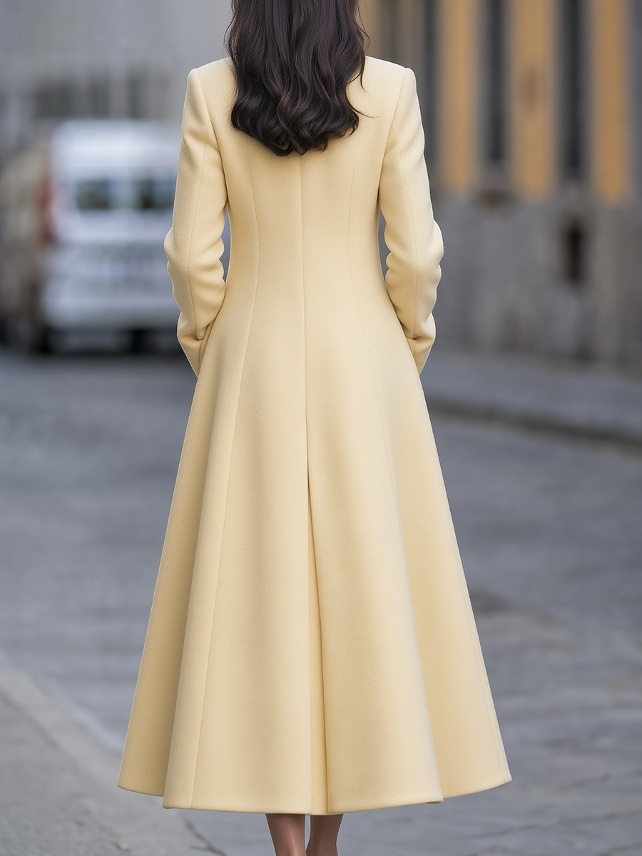 Wool Peter Pan Collar Engraved Button A-Line Flared Maxi Coat