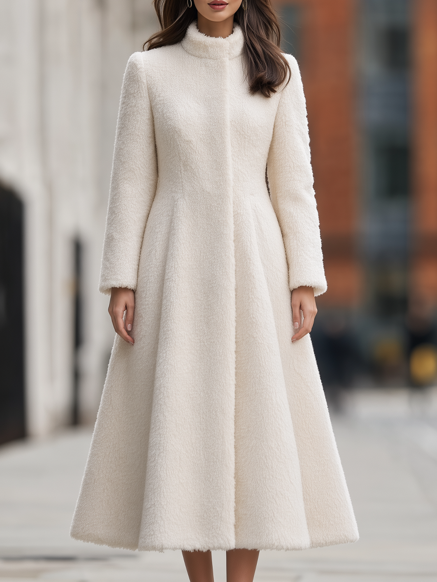 Plush Wool Stand-Collar Concealed Placket Princess-Seam Fit-and-Flare Midi Coat