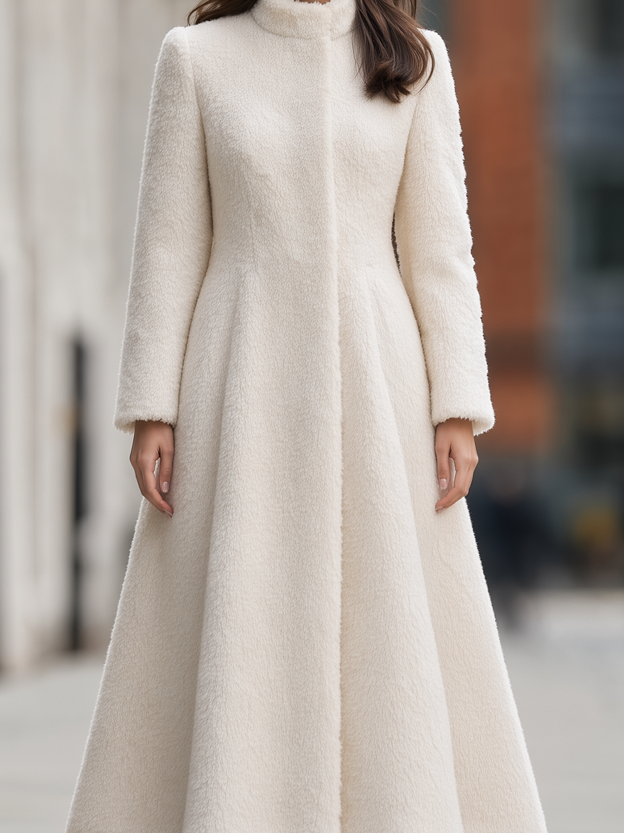 Plush Wool Stand-Collar Concealed Placket Princess-Seam Fit-and-Flare Midi Coat