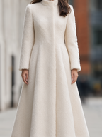 Plush Wool Stand-Collar Concealed Placket Princess-Seam Fit-and-Flare Midi Coat