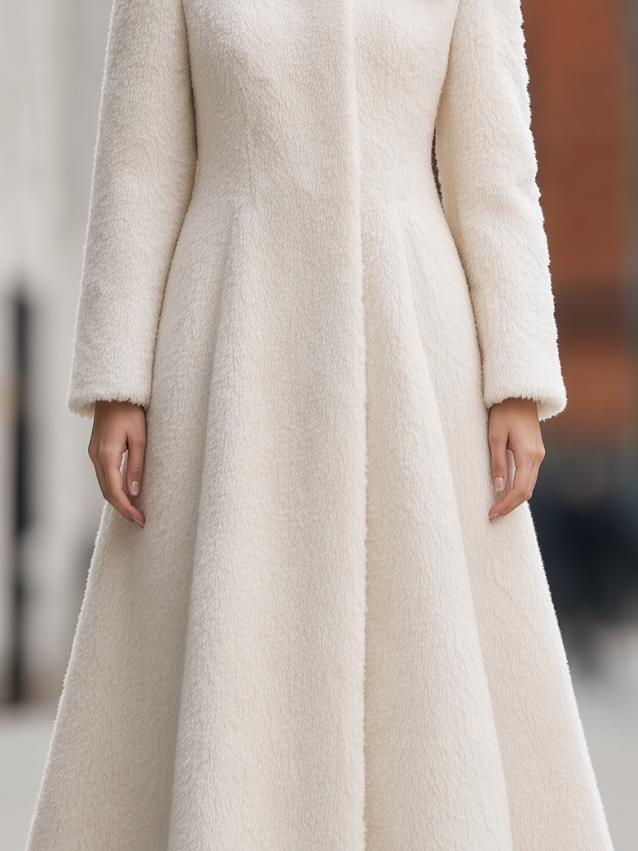 Plush Wool Stand-Collar Concealed Placket Princess-Seam Fit-and-Flare Midi Coat