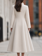 Plush Wool Stand-Collar Concealed Placket Princess-Seam Fit-and-Flare Midi Coat