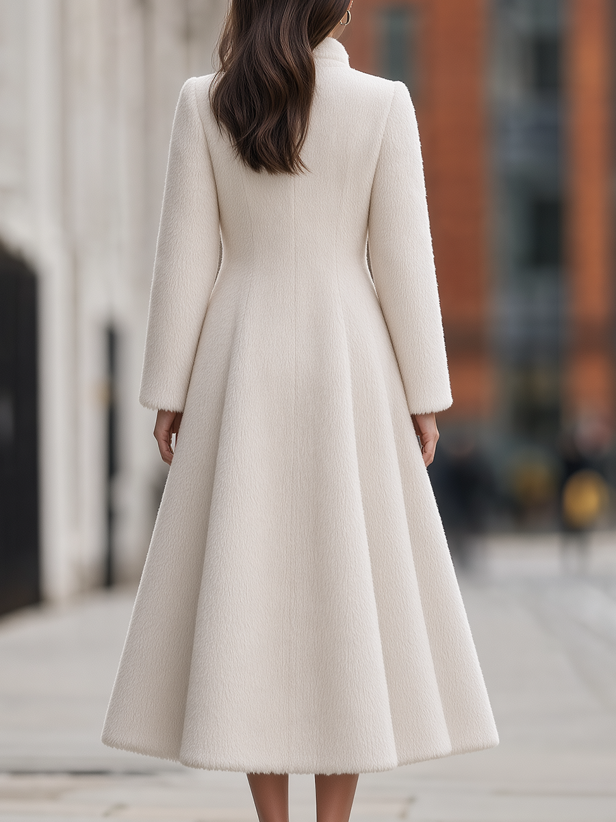 Plush Wool Stand-Collar Concealed Placket Princess-Seam Fit-and-Flare Midi Coat