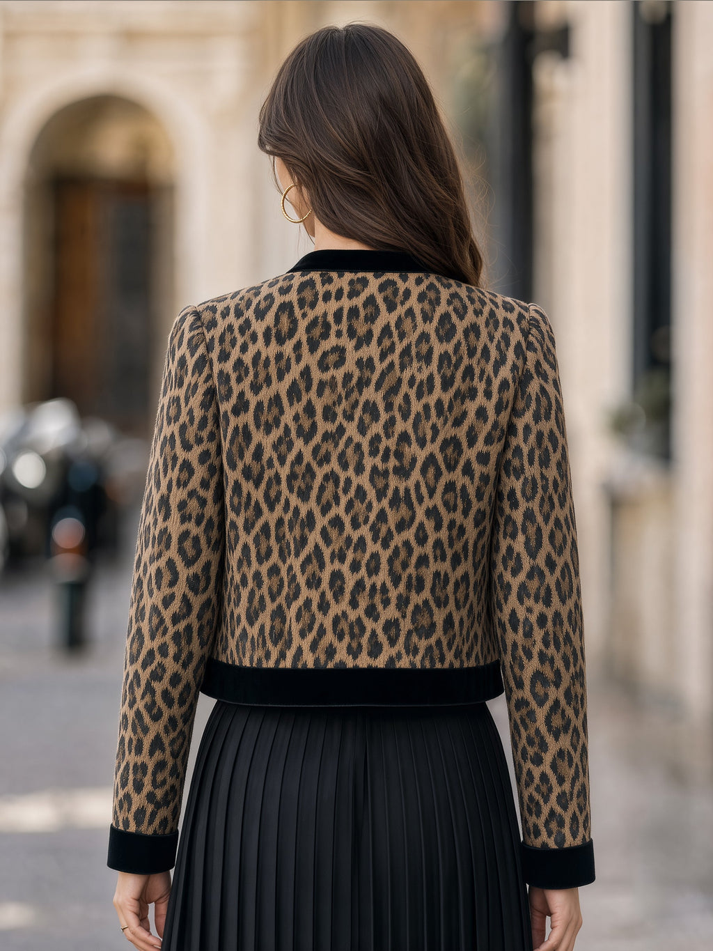 Velvet Trim Leopard Print Zip Jacket