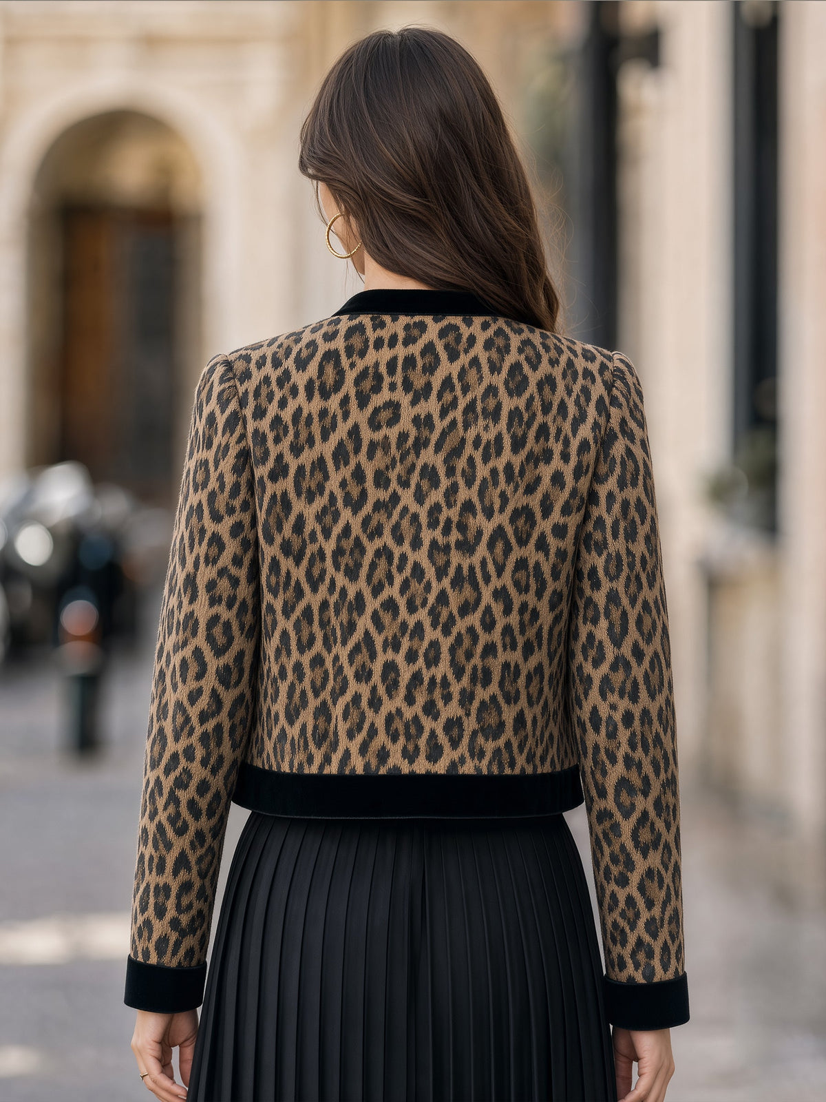 Velvet Trim Leopard Print Zip Jacket