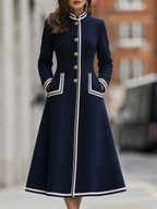 Wool Stand-Collar Contrast Trim Gold Button A-Line Flared Midi Coat