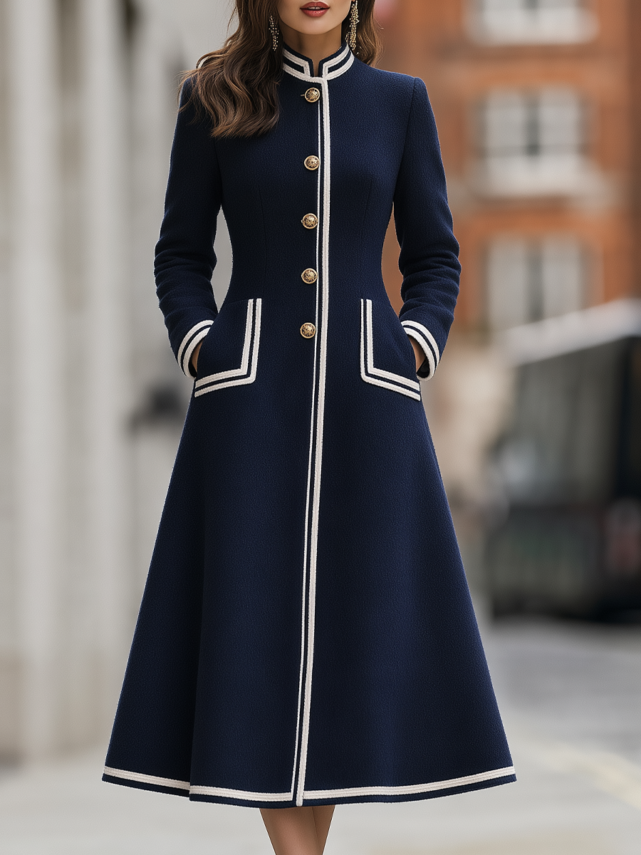 Wool Stand-Collar Contrast Trim Gold Button A-Line Flared Midi Coat