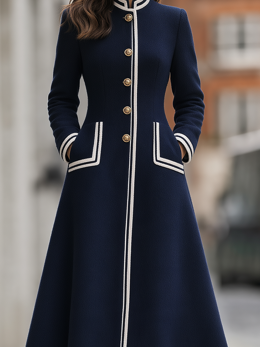 Wool Stand-Collar Contrast Trim Gold Button A-Line Flared Midi Coat