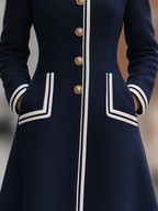 Wool Stand-Collar Contrast Trim Gold Button A-Line Flared Midi Coat