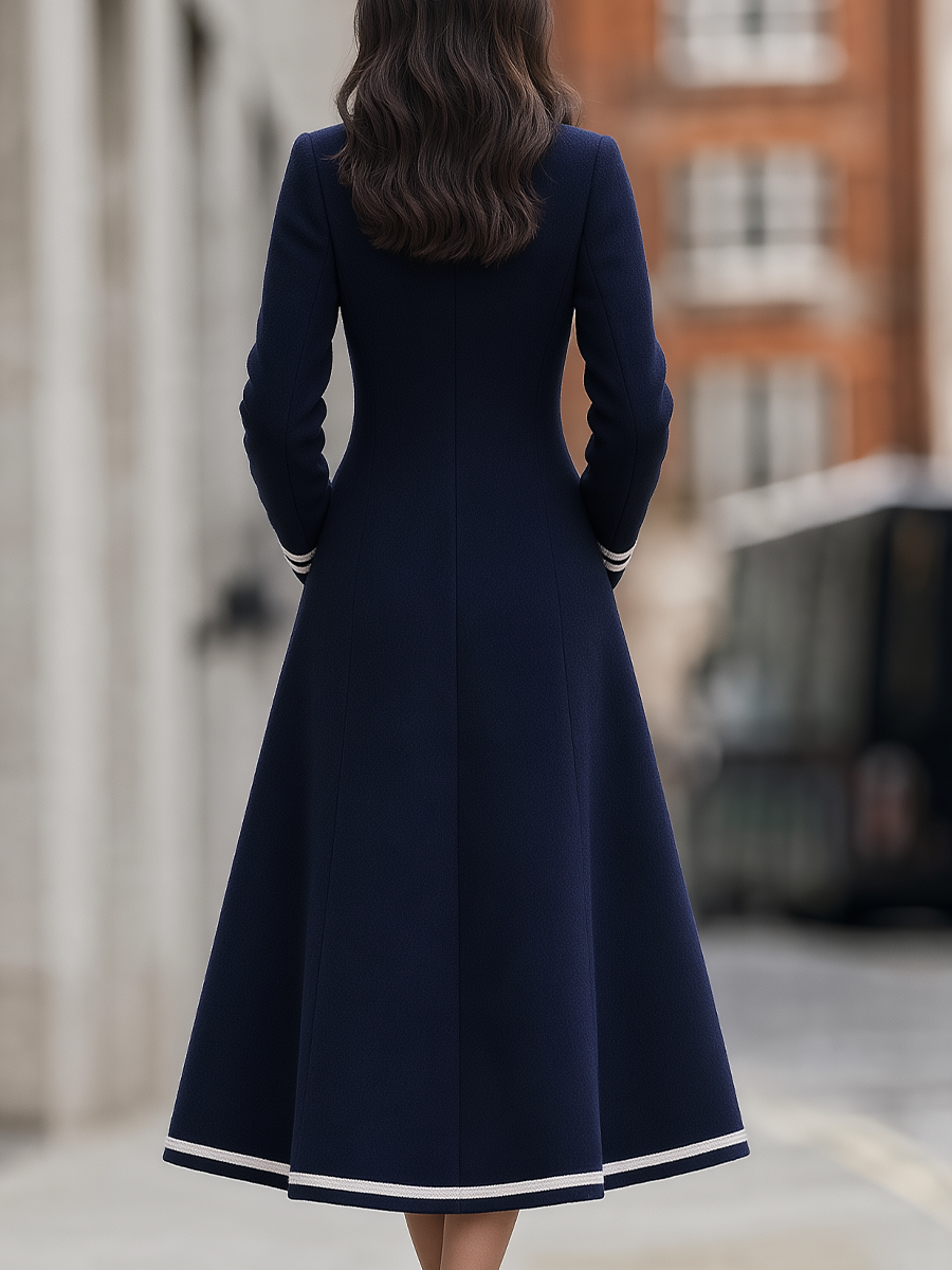 Wool Stand-Collar Contrast Trim Gold Button A-Line Flared Midi Coat