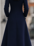 Wool Stand-Collar Contrast Trim Gold Button A-Line Flared Midi Coat