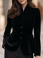 Stand-Collar Single-Breasted Velvet Tailored Blazer