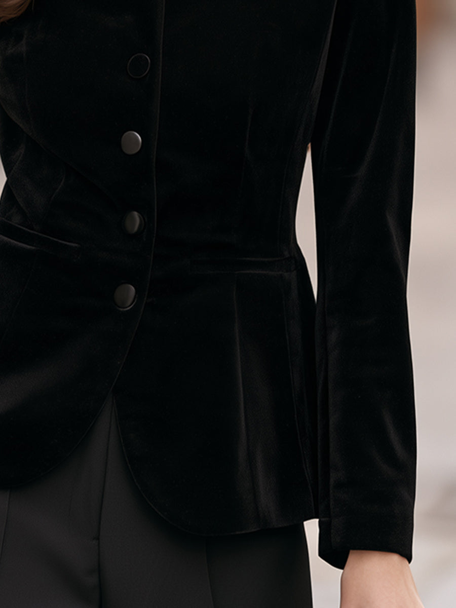 Stand-Collar Single-Breasted Velvet Tailored Blazer
