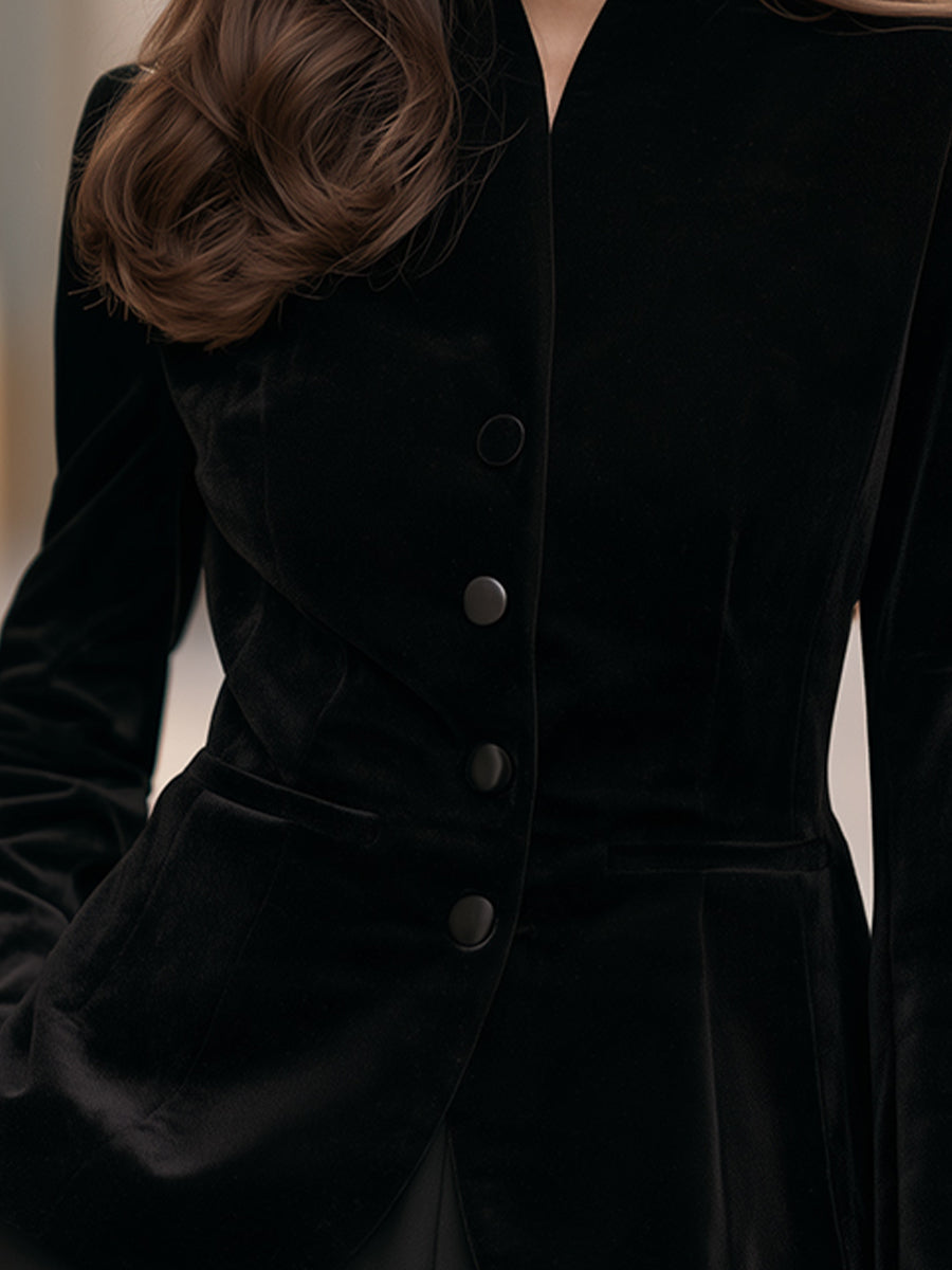 Stand-Collar Single-Breasted Velvet Tailored Blazer