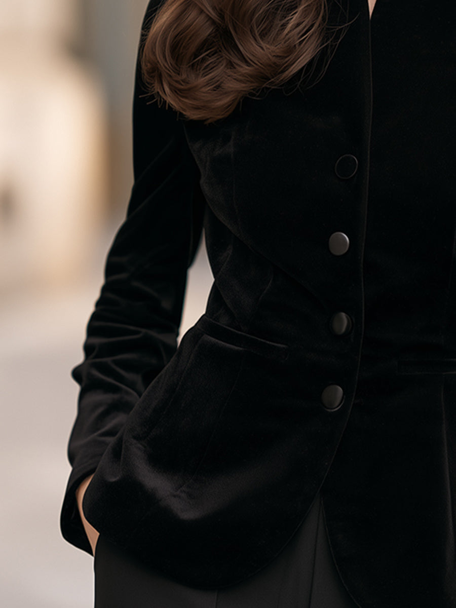 Stand-Collar Single-Breasted Velvet Tailored Blazer