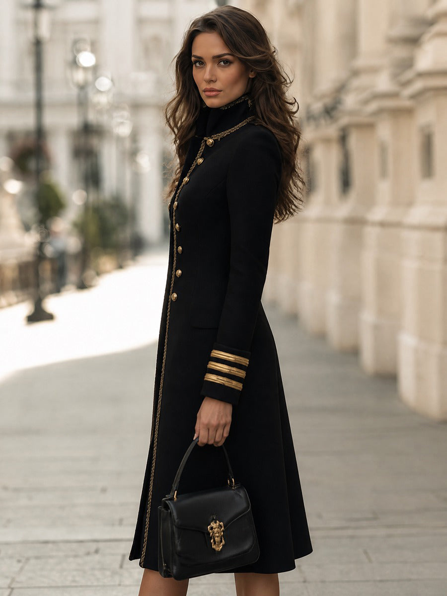 Double-Breasted Military Longline Coat With Braided Trim And Gold Buttons