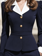 Contrast Lapel Gold Button Puff Sleeve Fitted Peplum Blazer