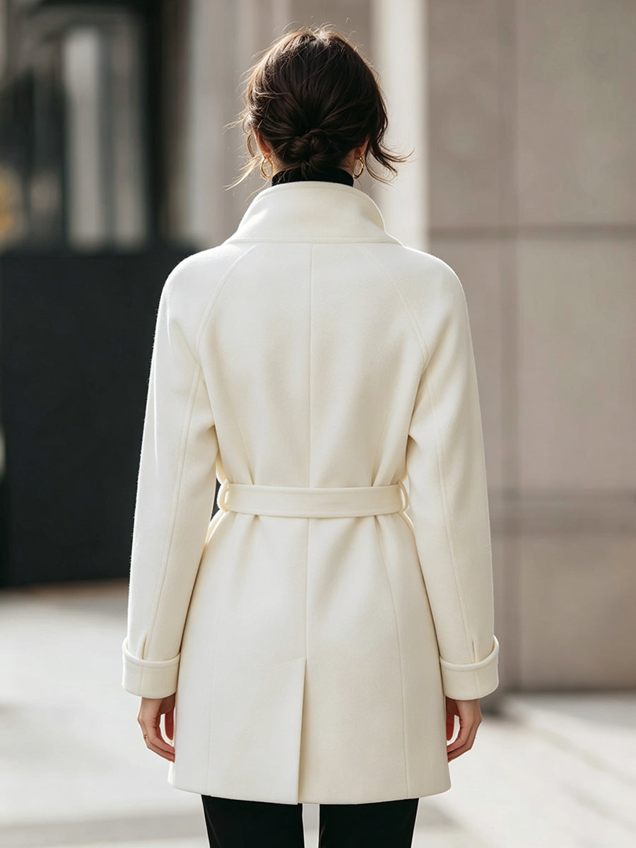 High-Stand Collar Belted Gold Buttons Woolen Coat