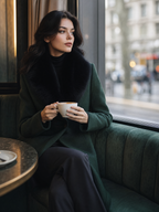 Dark Green Faux Fur Collar Single-Button Fit-and-Flare Long Coat