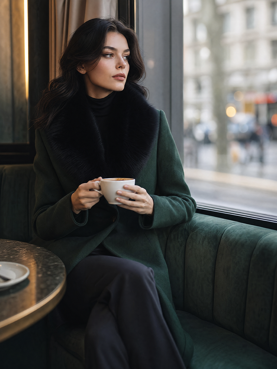 Dark Green Faux Fur Collar Single-Button Fit-and-Flare Long Coat