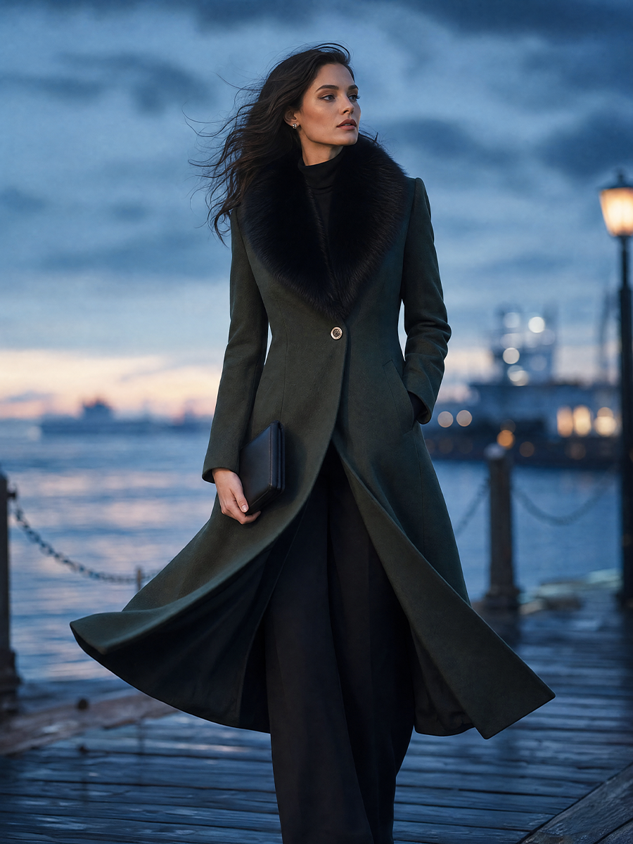Dark Green Faux Fur Collar Single-Button Fit-and-Flare Long Coat