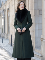 Dark Green Faux Fur Collar Single-Button Fit-and-Flare Long Coat