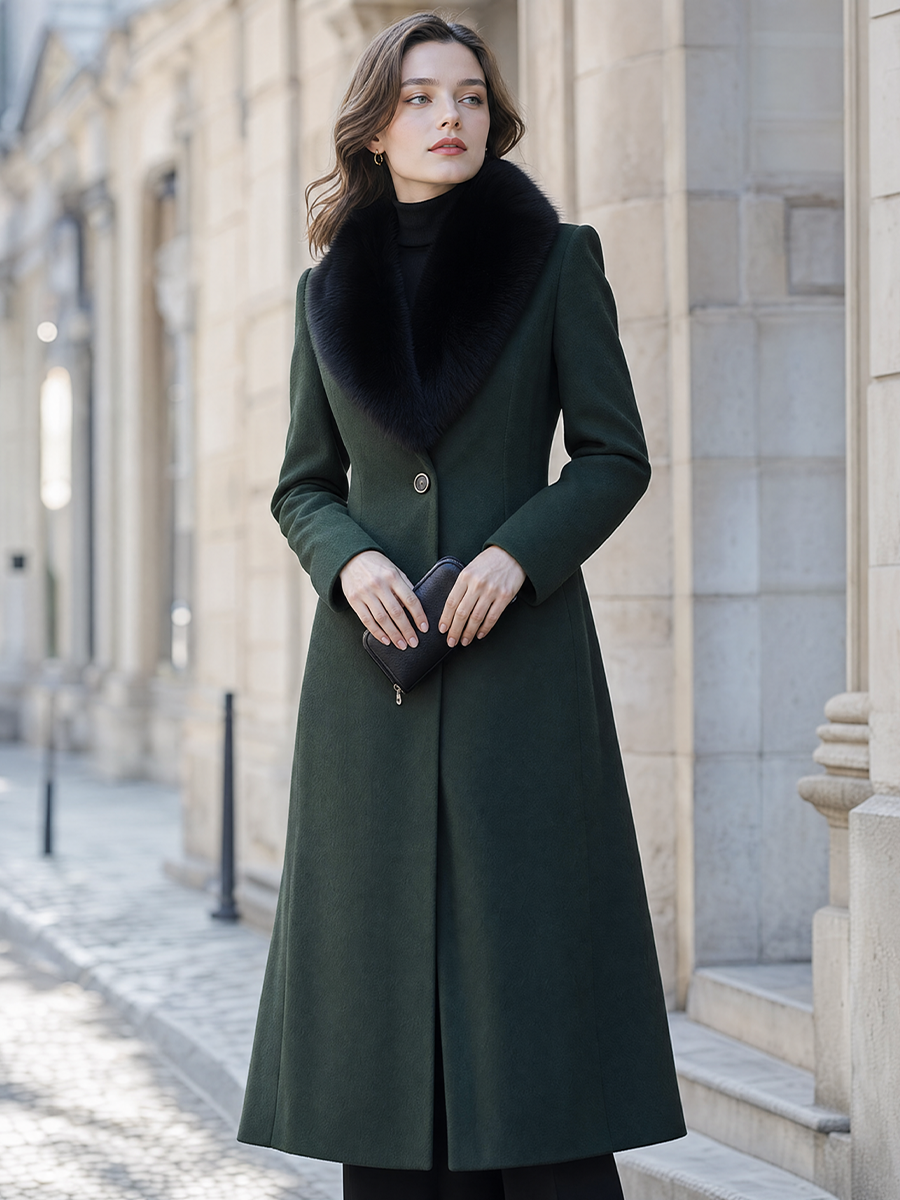 Dark Green Faux Fur Collar Single-Button Fit-and-Flare Long Coat