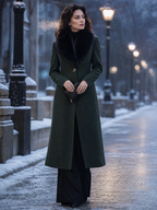 Dark Green Faux Fur Collar Single-Button Fit-and-Flare Long Coat