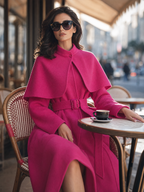 Wool Stand-Collar Caplet Overlay Belted Fit-and-Flare Maxi Coat