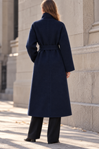 Women's Belted Wrap Wool Coat - Oversized Collar Long Trench