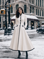 Contrast Piped Stand-Collar Button-Front Fit-and-Flare Midi Coat