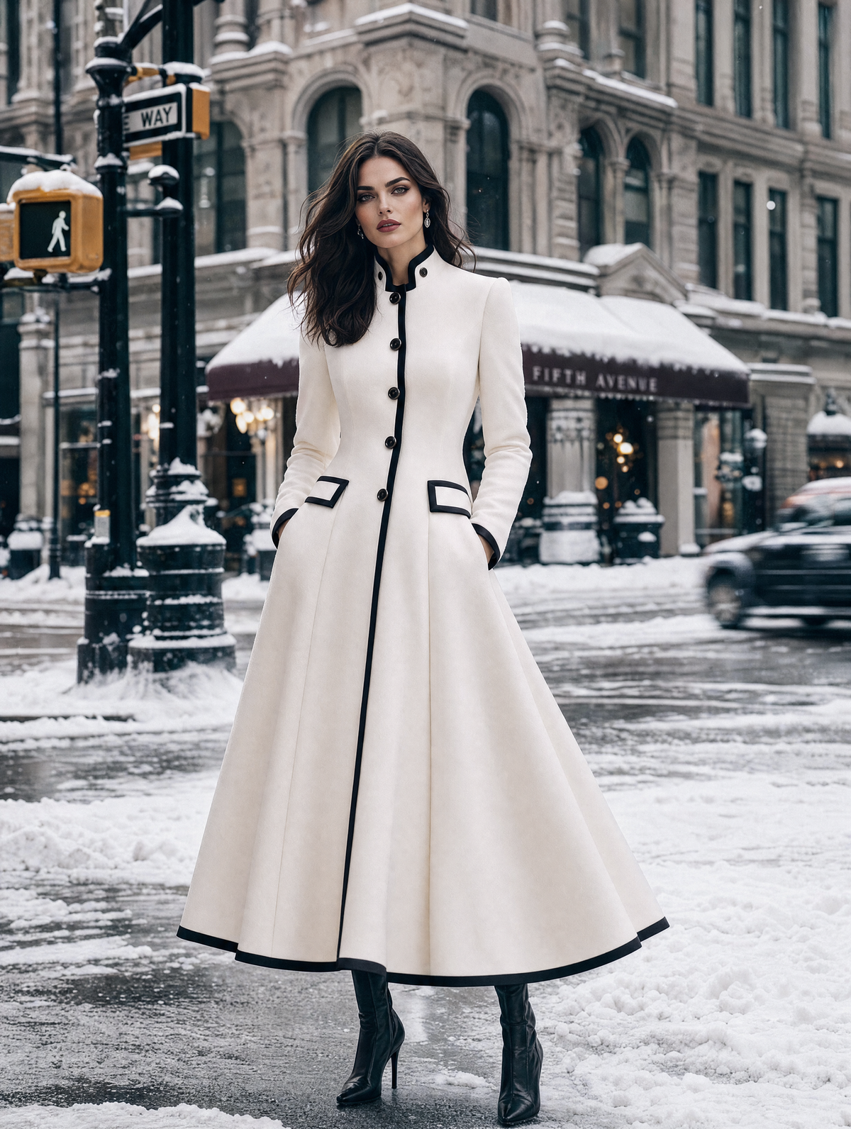 Contrast Piped Stand-Collar Button-Front Fit-and-Flare Midi Coat