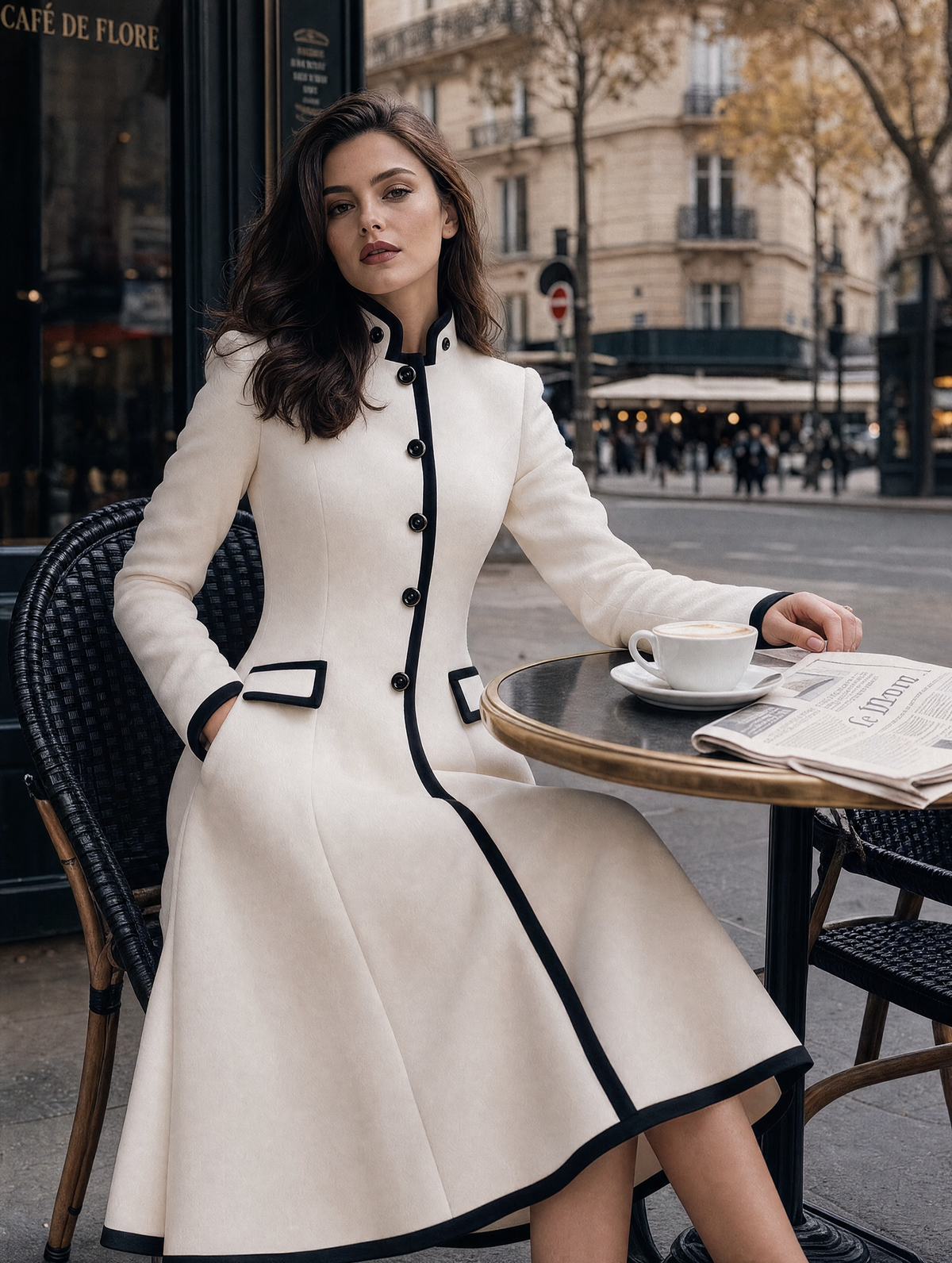 Contrast Piped Stand-Collar Button-Front Fit-and-Flare Midi Coat