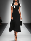 Vestido Midi de Mujer con Cuello Cuadrado y Mangas Cortas Colorblock MDA2447F4Y