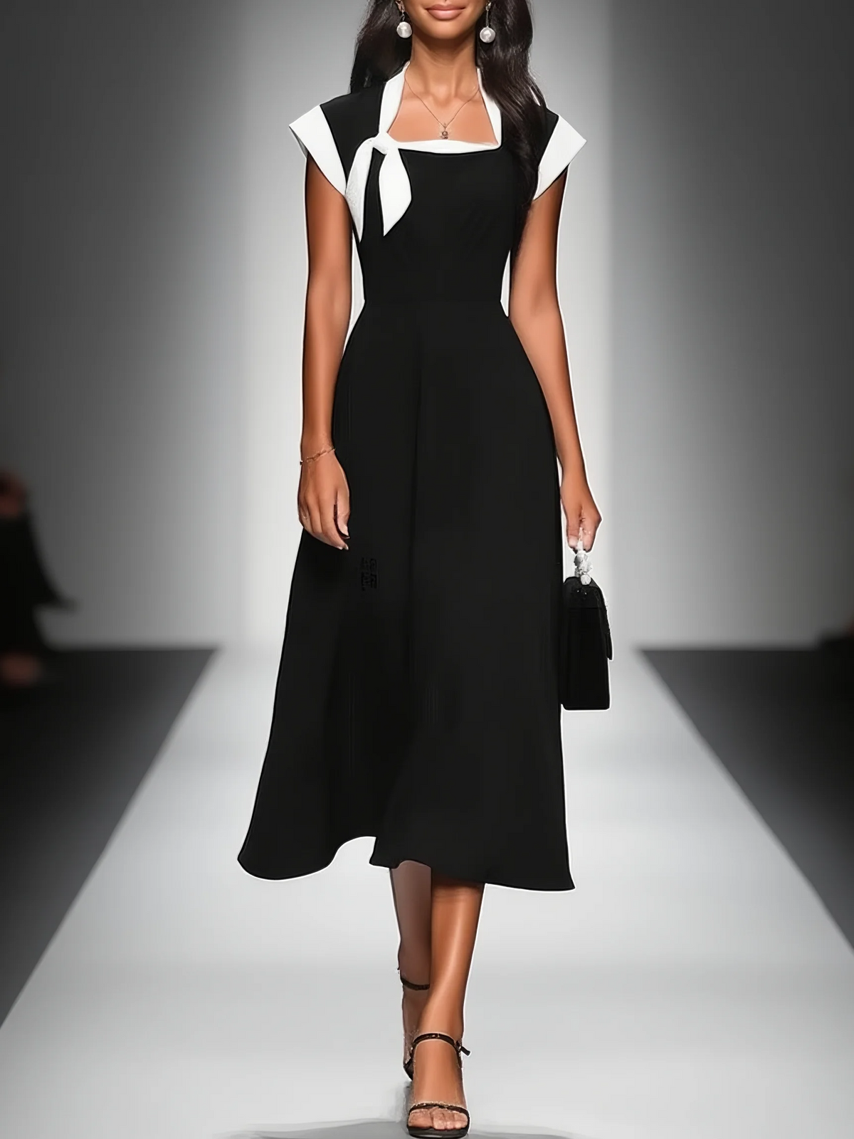 Vestido Midi de Mujer con Cuello Cuadrado y Mangas Cortas Colorblock MDA2447F4Y