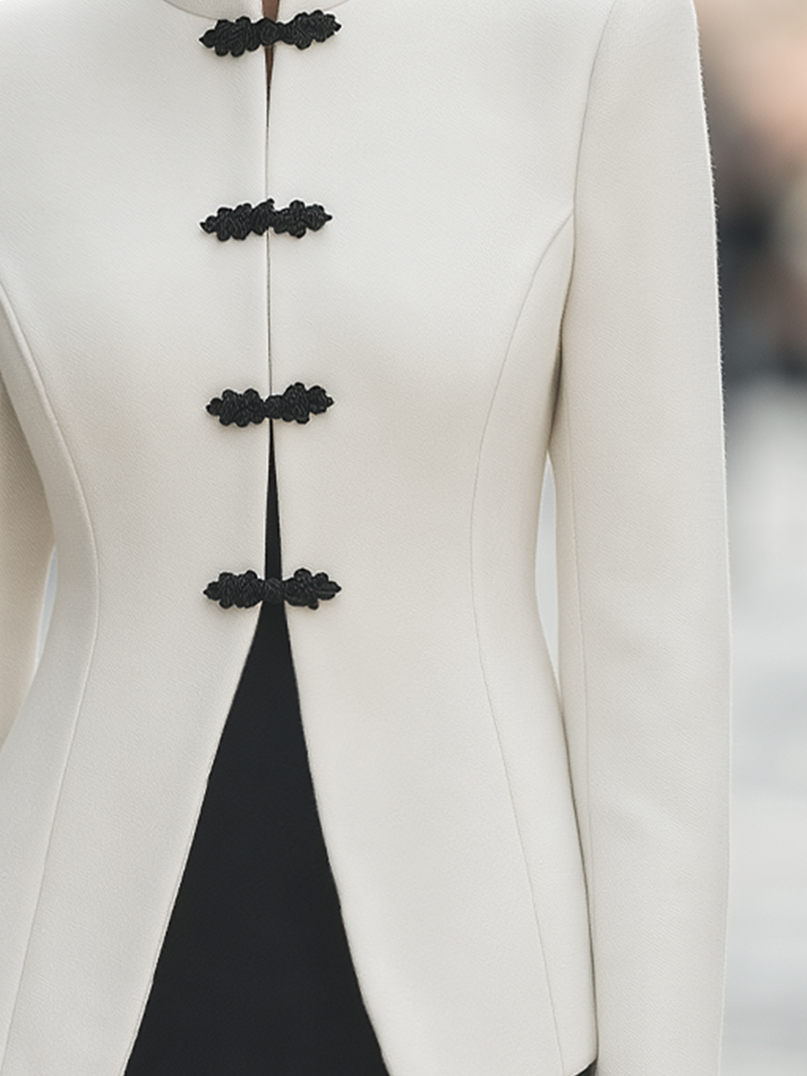 Ivory Stand Collar Black Frog Button Fitted Tailored Jacket