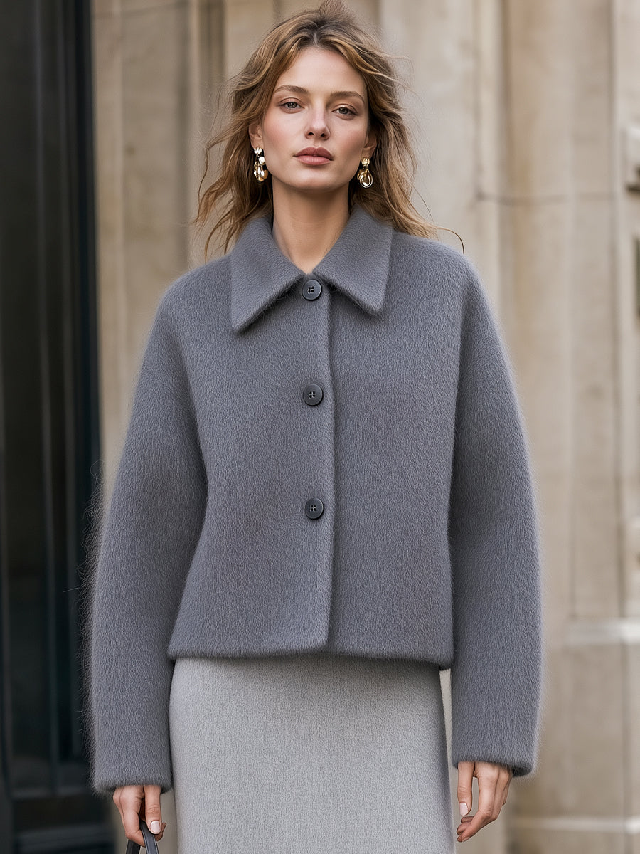 Notched Lapel Button-Front Textured Short Coat