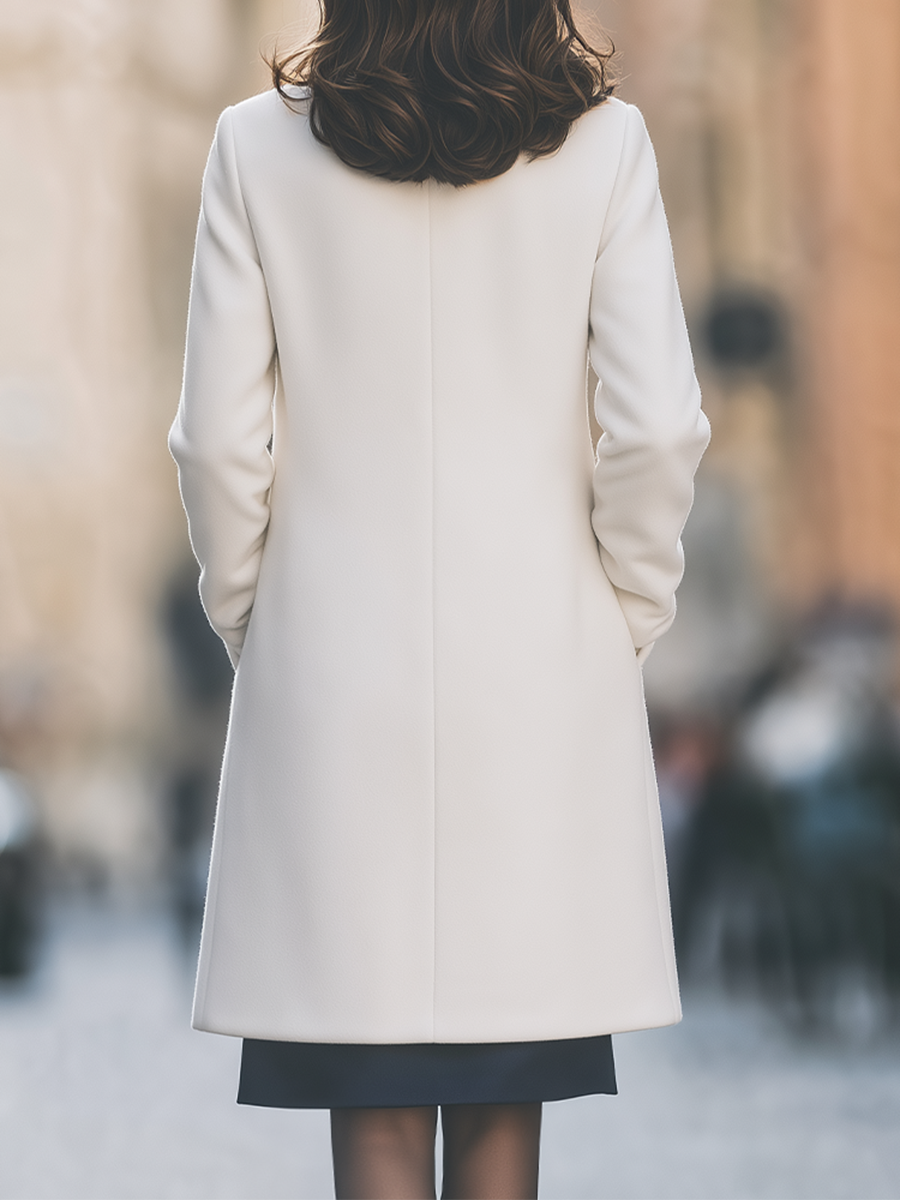 Ivory Funnel Neck Concealed Placket Straight Wool Coat