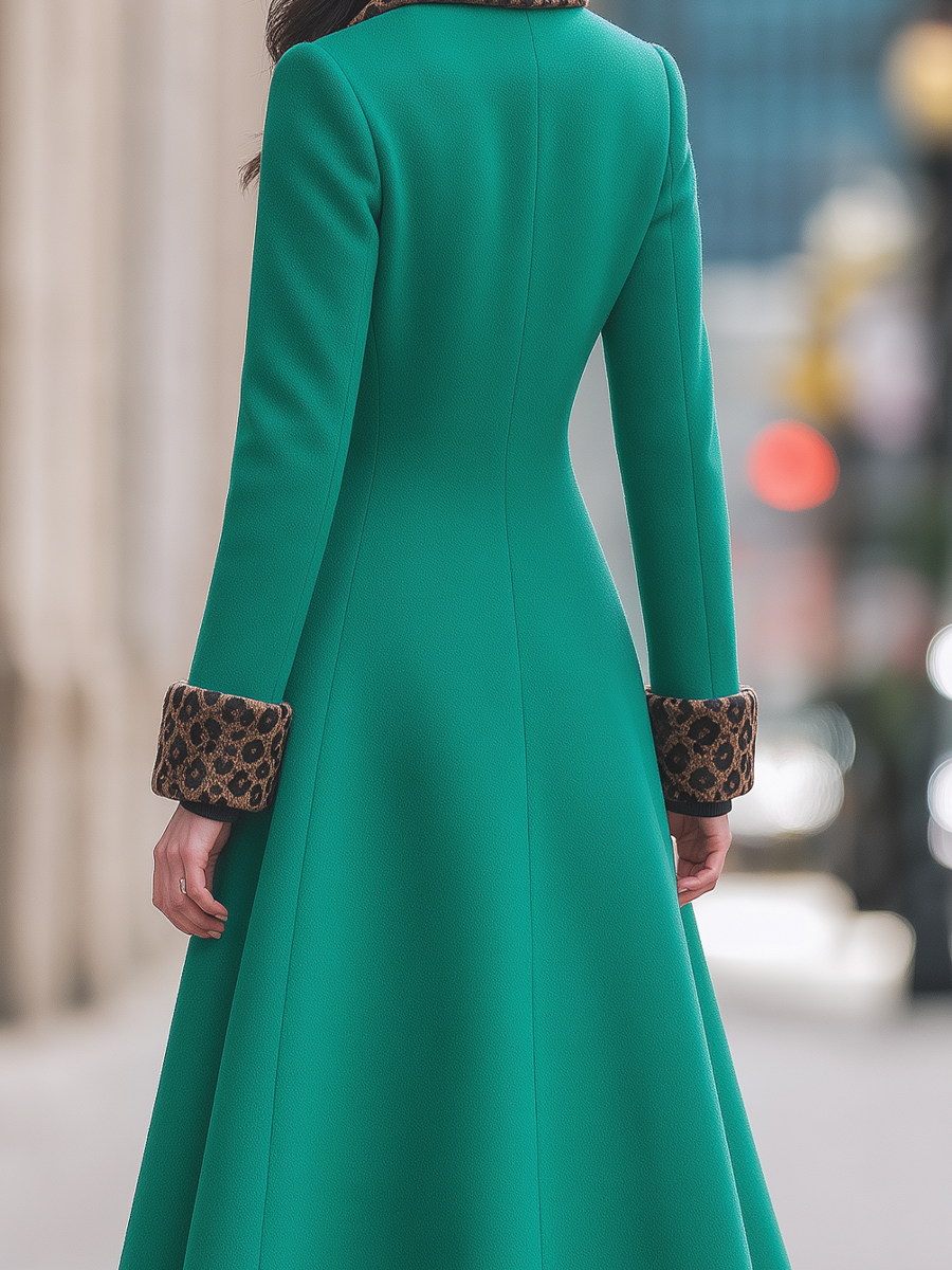 Emerald Green Leopard Print Collar Double-Breasted Fit-and-Flare Long Coat